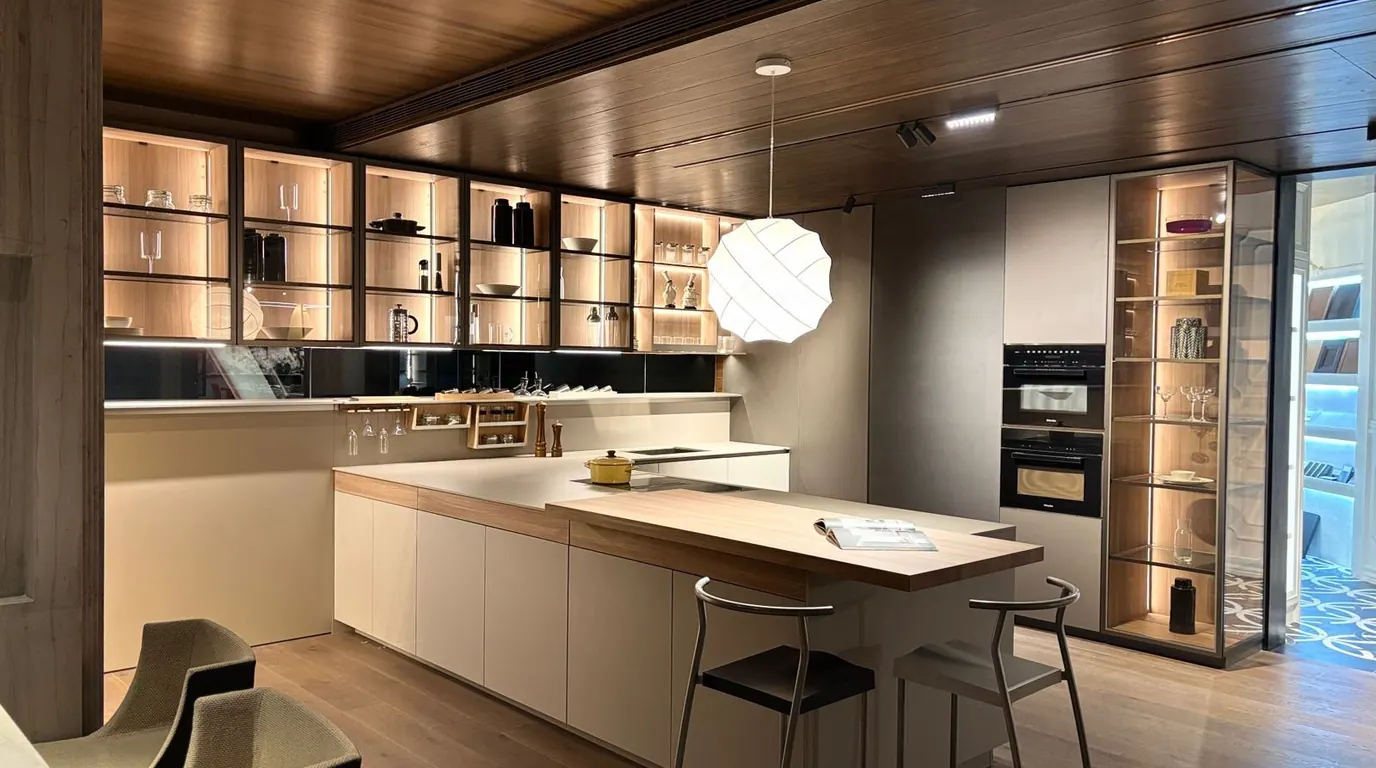 KSHITIJ kitchen island with timber ceiling and display shelving