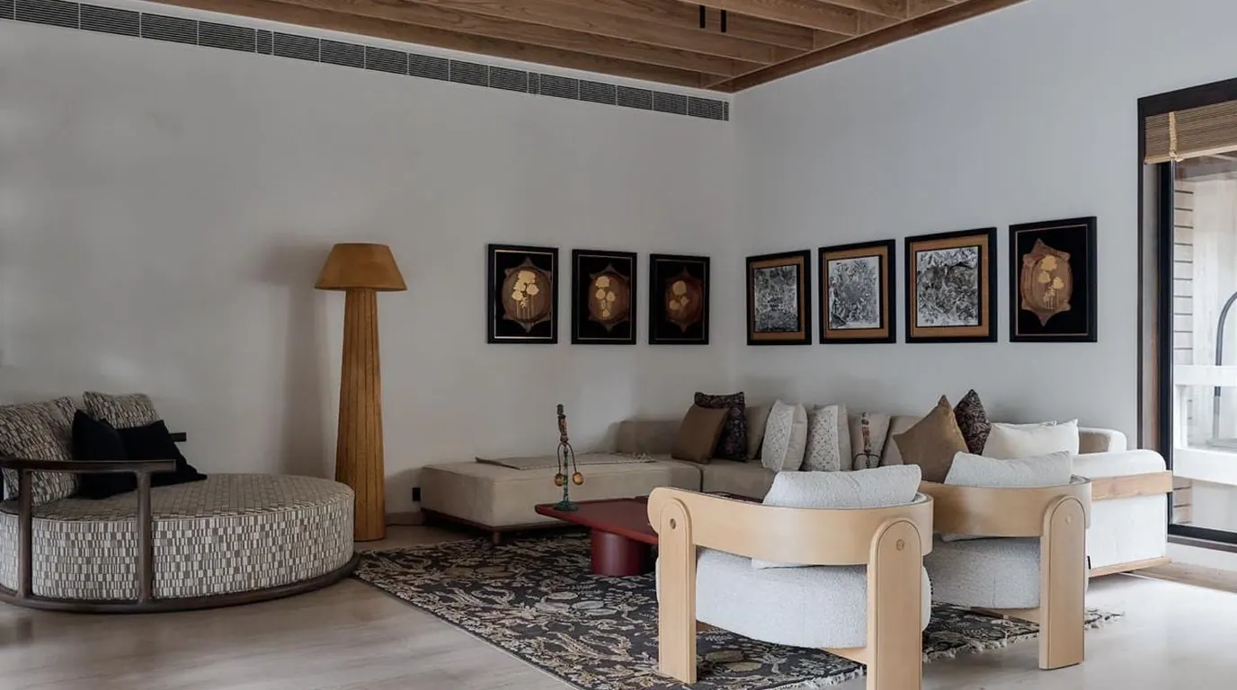 SHANTI sitting room with art and natural woven lighting